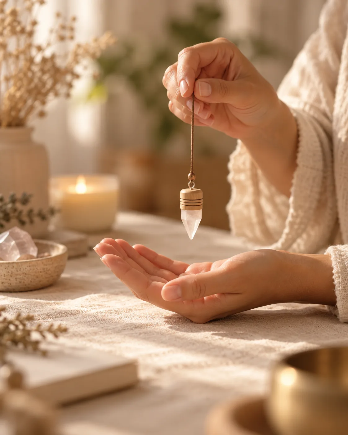 Mano que sostiene un péndulo de cristal sobre la palma abierta de otra persona, junto a una vela y unas flores secas