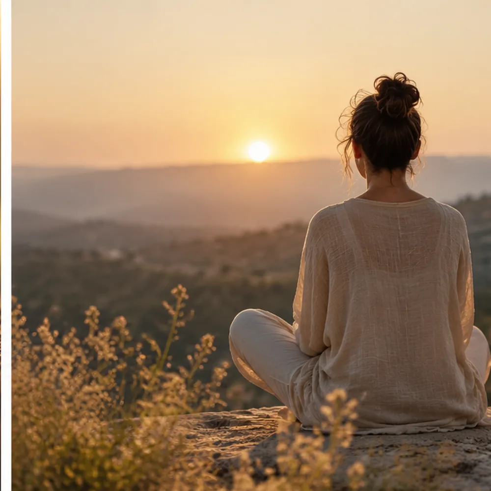 Mujer de espaldas sentada en calma sobre una colina, contemplando el atardecer sobre el valle